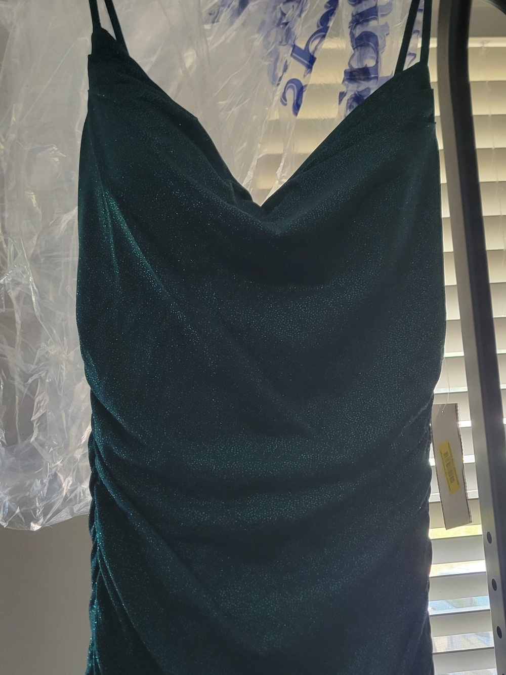 B Darlin Teal Sparkle Cowl Neck Prom Dress